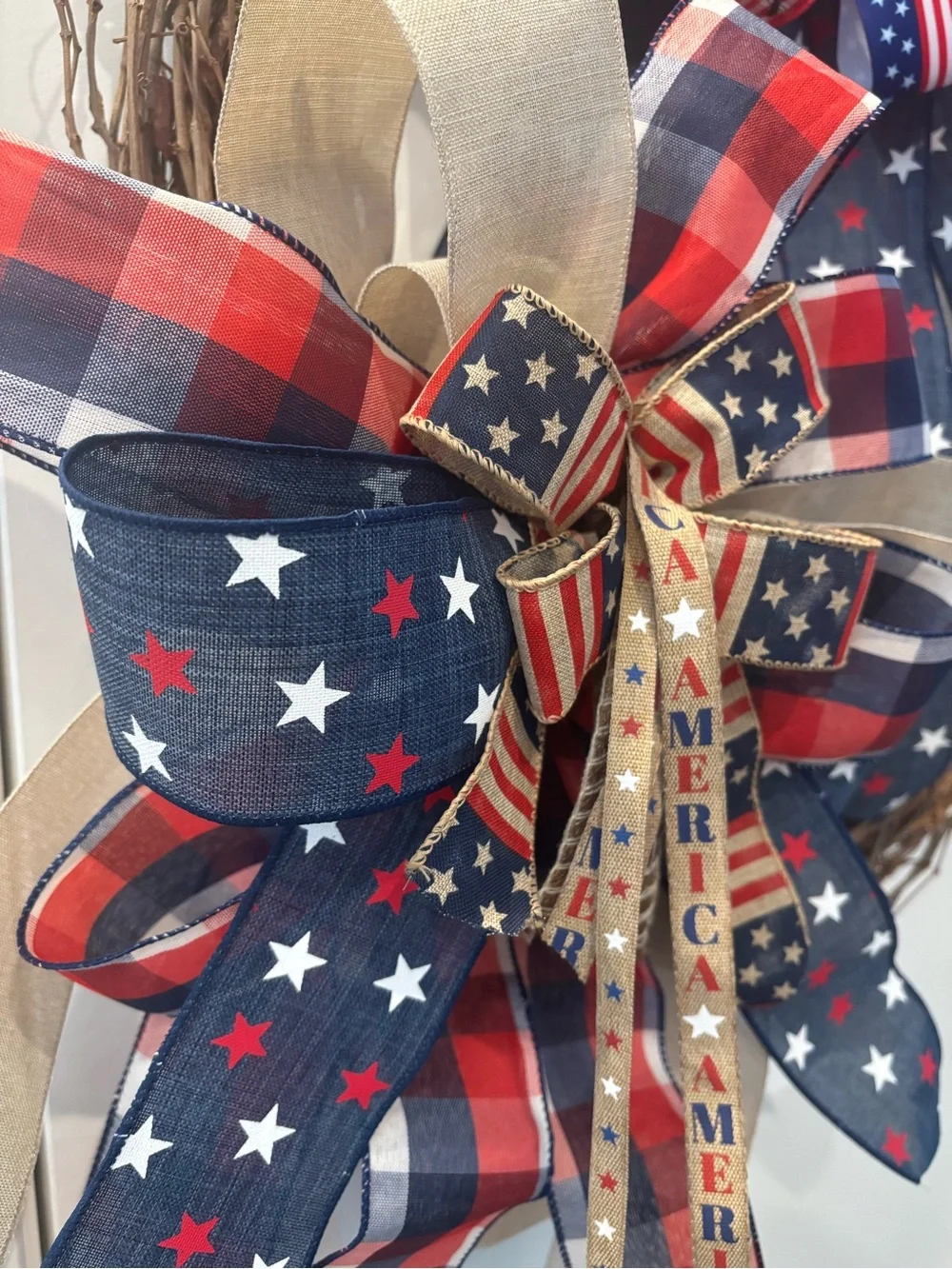 Rustic Farmhouse Patriotic Plaid Red, White Blue American Wreath Bow Final Sale